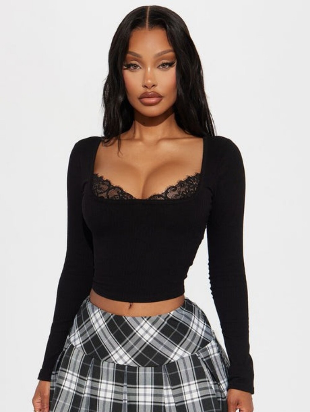 Fashion Nova Lace-Trim Square Neck Long Sleeve Crop Top - BLACK XS